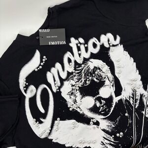 NWT Mixed Emotion Mens Graphic Tee XL Black Angel Pearl Embellished Raw Hem